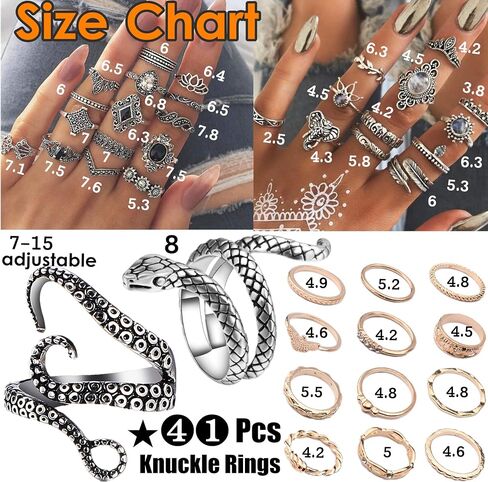 41Pc Fashion Boho Knuckle Rings Set for Women Girls Men, Vintage Retro Crystal Bohemian Midi Rings, Joint Nail Band Cuff Toe Statement Finger Rings, Snake Octopus Elephant Feather (41 Pcs a set) in Kuwait