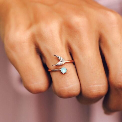 Pura Vida Rose Gold Disney Little Mermaid Fin Open Ring w/Opal Stone - Textured Charm, Brass Base - Size 5-9 in Saudi Arabia