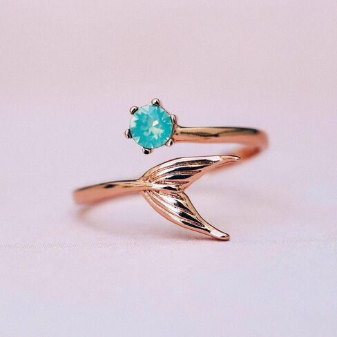 Pura Vida Rose Gold Disney Little Mermaid Fin Open Ring w/Opal Stone - Textured Charm, Brass Base - Size 5-9 in Saudi Arabia