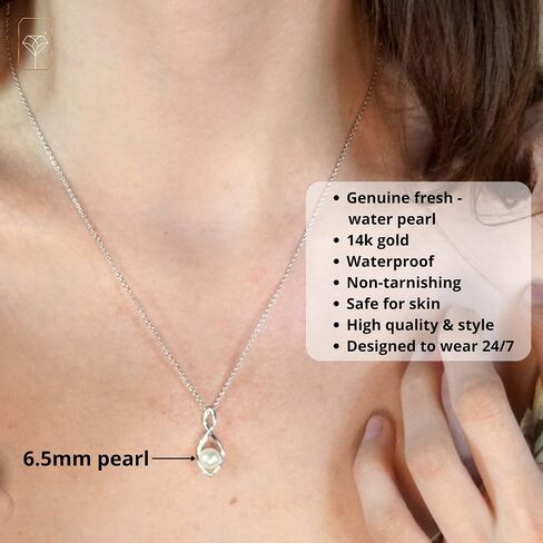 MAX + STONE Freshwater Single Pearl Necklace for Women | Infinity Necklace with Pearls | Cultured Real Pearl Necklace | Sterling Silver or 14k Gold Pearl Necklace with 16-18 Inch Chain in Saudi Arabia