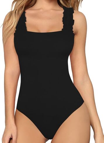 MANGOPOP Square Neck Ruffle Strap Stretchy Tank Tops Bodysuit for Women in Saudi Arabia