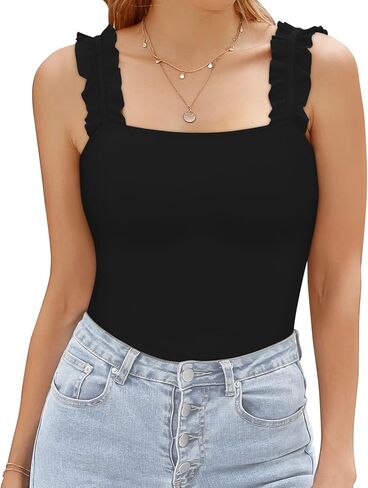 MANGOPOP Square Neck Ruffle Strap Stretchy Tank Tops Bodysuit for Women in Saudi Arabia