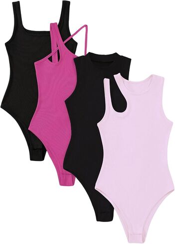 Floerns Women's 4 Pcs Asymmetrical Neck Sleeveless Rib Knit Bodysuit Top in Saudi Arabia