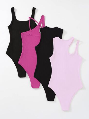 Floerns Women's 4 Pcs Asymmetrical Neck Sleeveless Rib Knit Bodysuit Top in Saudi Arabia