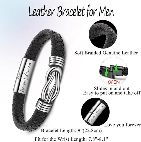Black Braided Leather Bracelets Gifts for Man Dad Son Grandson Husband Boyfriend Brother Forever Knot Bracelets for Christmas Birthday Father's Day Anniversary Stainless Steel Clasp 7.5/8.5/9 inches in Saudi Arabia