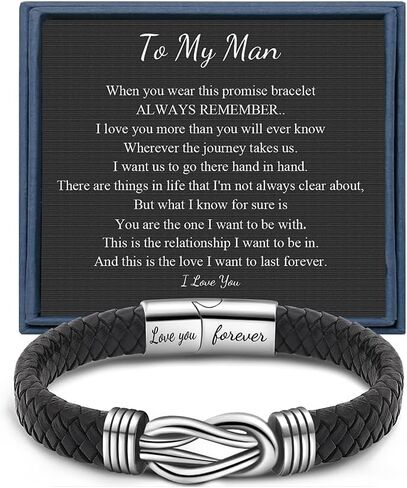 Black Braided Leather Bracelets Gifts for Man Dad Son Grandson Husband Boyfriend Brother Forever Knot Bracelets for Christmas Birthday Father's Day Anniversary Stainless Steel Clasp 7.5/8.5/9 inches in Saudi Arabia