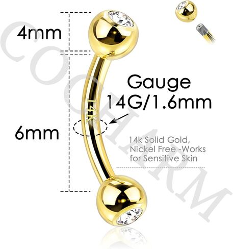 COCHARM 14K Gold Belly Button Rings Real Gold Cute Short/Long Upper 16g/14g Belly Piercing Rings Rook Barbell in Kuwait