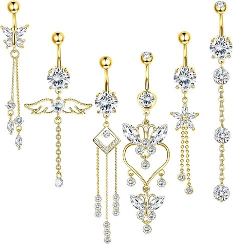 JOERICA 6 Pcs 14G Belly Button Rings Dangle for Women Stainless Steel CZ Navel Rings Set Cute Butterfly Belly Rings Body Piercing Jewelry in Saudi Arabia