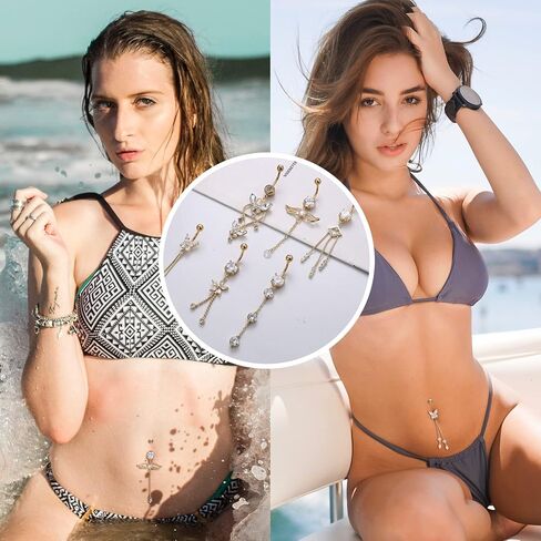 JOERICA 6 Pcs 14G Belly Button Rings Dangle for Women Stainless Steel CZ Navel Rings Set Cute Butterfly Belly Rings Body Piercing Jewelry in Saudi Arabia