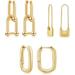 SLOONG 3 Pairs 14k Gold Plated Ball U Shape Pin Y2K Style Chunky Earring Link Chain Chunky Circle Hoop Earrings Paperclip Link Chain Jewelry Drop Dangle Earrings set for women teen girls in Saudi Arabia
