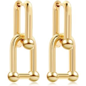SLOONG 3 Pairs 14k Gold Plated Ball U Shape Pin Y2K Style Chunky Earring Link Chain Chunky Circle Hoop Earrings Paperclip Link Chain Jewelry Drop Dangle Earrings set for women teen girls