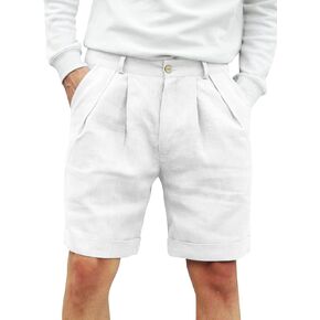 Runcati Mens Cotton Linen Flat Front Shorts Button Up Closure Elastic Waist Regular Fit Summer Beach Shorts