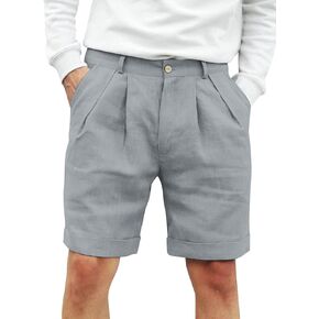 Runcati Mens Cotton Linen Flat Front Shorts Button Up Closure Elastic Waist Regular Fit Summer Beach Shorts