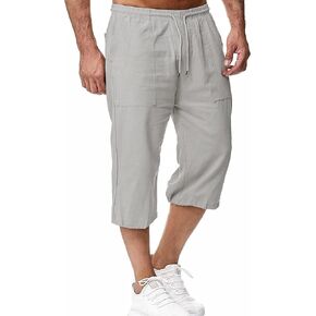 Mingzhu Men's Elastic Waist Drawstring Cotton Linen Shorts Below Knee Summer Capri Pants with Pockets