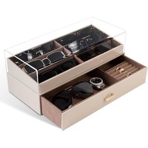 KAMIER Sunglass Organizer Leather Eyeglasses Collector Eyewear Display Case Storage Box,Two-Tier Wooden Sunglass Organizer For Women Men with Sunglass Holder and Drawer,Beige in Saudi Arabia