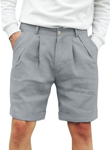 شورت Runcati رجالي من القطن والكتان مسطح من الأمام وأزرار للإغلاق وخصر مرن ومقاس عادي شورت صيفي للشاطئ in Kuwait