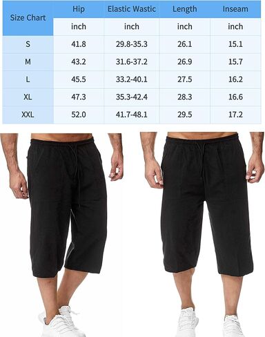 Mingzhu Men's Elastic Waist Drawstring Cotton Linen Shorts Below Knee Summer Capri Pants with Pockets in Kuwait