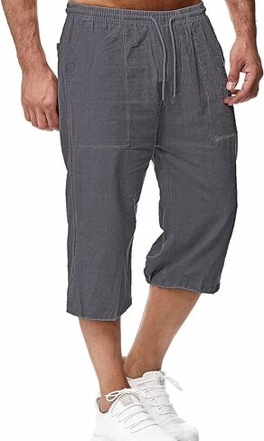 Mingzhu Men's Elastic Waist Drawstring Cotton Linen Shorts Below Knee Summer Capri Pants with Pockets in Kuwait