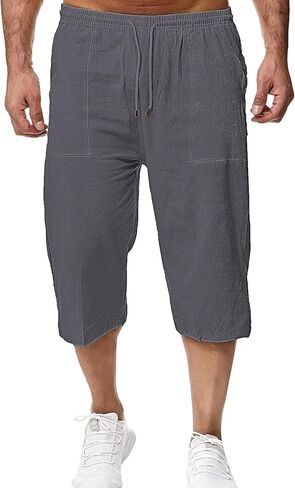 Mingzhu Men's Elastic Waist Drawstring Cotton Linen Shorts Below Knee Summer Capri Pants with Pockets in Kuwait