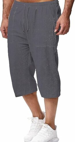 Mingzhu Men's Elastic Waist Drawstring Cotton Linen Shorts Below Knee Summer Capri Pants with Pockets in Kuwait
