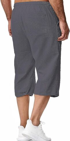 Mingzhu Men's Elastic Waist Drawstring Cotton Linen Shorts Below Knee Summer Capri Pants with Pockets in Kuwait