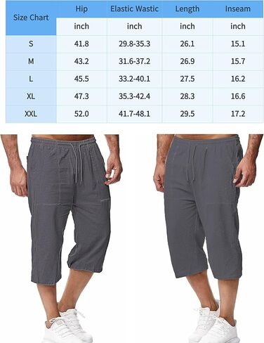 Mingzhu Men's Elastic Waist Drawstring Cotton Linen Shorts Below Knee Summer Capri Pants with Pockets in Kuwait