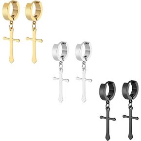 3 Pairs Cross Earrings for Men Women - Stainless Steel Hoop Dangle Drop Cross Earrings Silver Gold Black