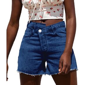 Susupeng Women Asymmetric Criss Crossover High Waist Summer Denim Shorts Stretchy Casual Raw Cut Hem Jeans Shorts