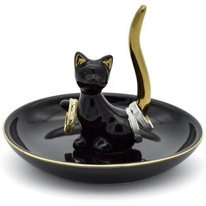 Happy Cat Posture Trinket Tray Decorative Ring Holder Jewelry Storage Dish Black/Golden Tail in Kuwait