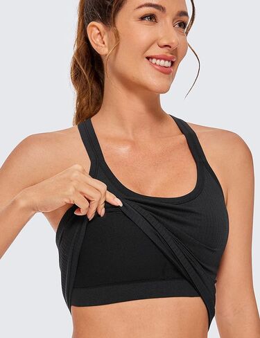 CRZ YOGA Womens Seamless Ribbed Racerback Tank Tops with Built in Bra - Padded Scoop Neck Slimming Athletic Long Camisole in Kuwait