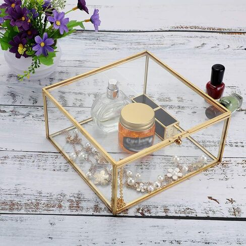 Hipiwe 2 Packs Vintage Glass Jewelry Organizer Box - Small Golden Metal Keepsake Box Desktop Jewelry Organizer Holder, Wedding Birthday Gift, Square Vanity Decorative Box for Dresser Bathroom in Kuwait