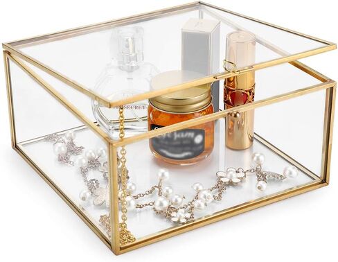 Hipiwe 2 Packs Vintage Glass Jewelry Organizer Box - Small Golden Metal Keepsake Box Desktop Jewelry Organizer Holder, Wedding Birthday Gift, Square Vanity Decorative Box for Dresser Bathroom in Kuwait