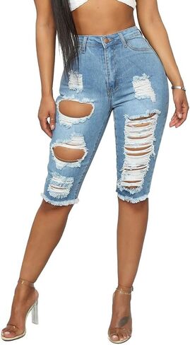 DvaeMalligo Womens Ripped Jean Shorts High Waisted Stretchy Frayed Distressed Raw Hem Tassels Denim Bermuda Shorts in Saudi Arabia