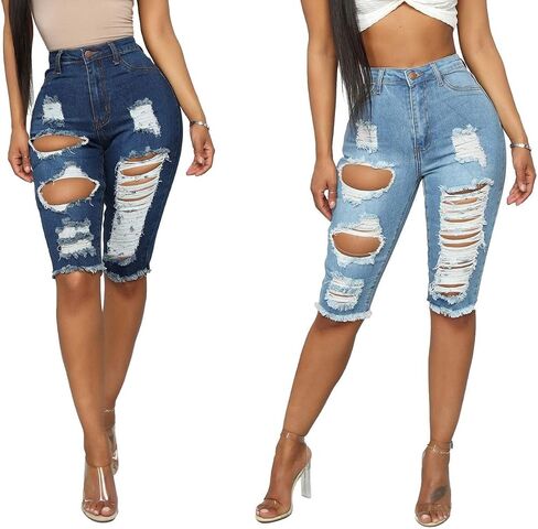DvaeMalligo Womens Ripped Jean Shorts High Waisted Stretchy Frayed Distressed Raw Hem Tassels Denim Bermuda Shorts in Saudi Arabia