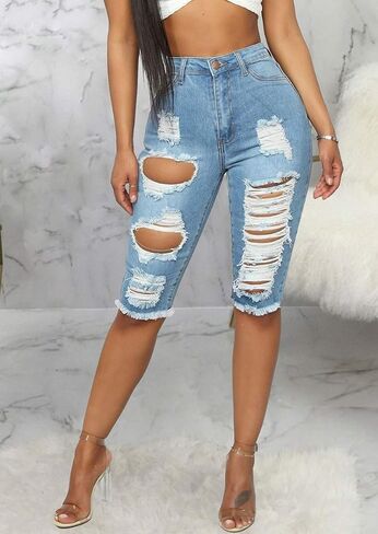 DvaeMalligo Womens Ripped Jean Shorts High Waisted Stretchy Frayed Distressed Raw Hem Tassels Denim Bermuda Shorts in Saudi Arabia