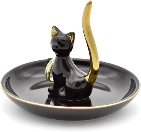 Happy Cat Posture Trinket Tray Decorative Ring Holder Jewelry Storage Dish Black/Golden Tail in Saudi Arabia