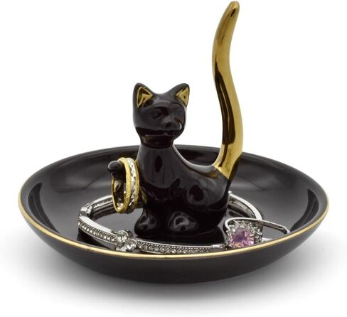 Happy Cat Posture Trinket Tray Decorative Ring Holder Jewelry Storage Dish Black/Golden Tail in Saudi Arabia