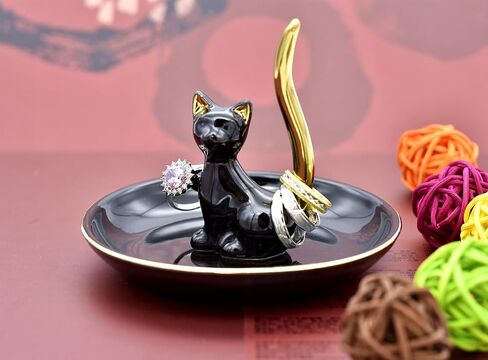 Happy Cat Posture Trinket Tray Decorative Ring Holder Jewelry Storage Dish Black/Golden Tail in Saudi Arabia