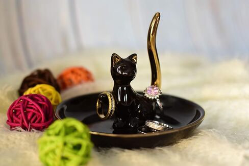 Happy Cat Posture Trinket Tray Decorative Ring Holder Jewelry Storage Dish Black/Golden Tail in Saudi Arabia