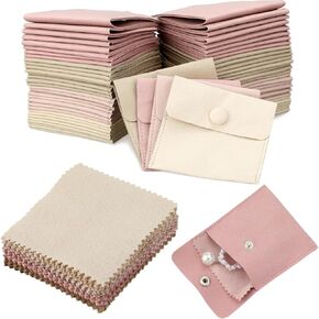Cunno 120 Pack Microfiber Jewelry Pouch with Cleaning Cloth 3.2"x3.2" Jewelry Packaging Bag with Snap Button Bags for Jewelry(Beige)