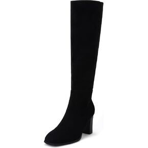 Coutgo Womens Knee High Boots Chunky Block Heels Square Toe Side Zipper Faux Suede Fall Winter Comfort Boot