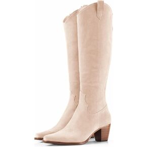 Women Cowboy Knee High Boots Chunky Block Heel Square Toe Tall Riding Boots in Saudi Arabia