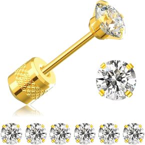 Threadless Flat Back Stud Earrings, 6 Pairs Titanium Hypoallergenic Earrings for Women Men, Cubic Zirconia Silver Gold Stud Earrings Surgical Stainless Steel Stud Earrings Set for Cartilage 2-8mm