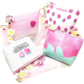 4pc Strawberry Coin Purses with Cute Keychain | Little Zipper Wallets for Jewelry, Cosmetics, and More | Portable and Stylish Kawaii Party Favors in Kuwait