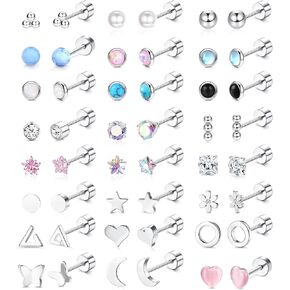 Jstyle 24 Pairs Stainless Steel Stud Earrings Set for Women Men Star Moon Heart Flower Opal 20G Tiny Cartilage Screwback Earrings Hypoallergenic Flat Back Helix Conch Piercing Jewelry