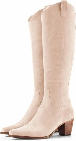 Women Cowboy Knee High Boots Chunky Block Heel Square Toe Tall Riding Boots in Kuwait