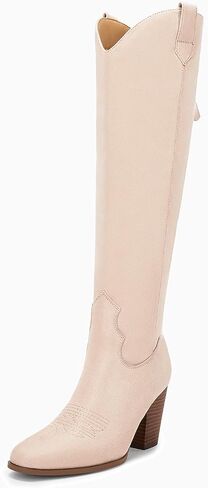 Women Cowboy Knee High Boots Chunky Block Heel Square Toe Tall Riding Boots in Kuwait