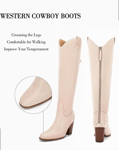 Women Cowboy Knee High Boots Chunky Block Heel Square Toe Tall Riding Boots in Kuwait