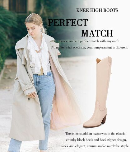 Women Cowboy Knee High Boots Chunky Block Heel Square Toe Tall Riding Boots in Kuwait