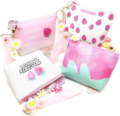 4pc Strawberry Coin Purses with Cute Keychain | Little Zipper Wallets for Jewelry, Cosmetics, and More | Portable and Stylish Kawaii Party Favors in Kuwait